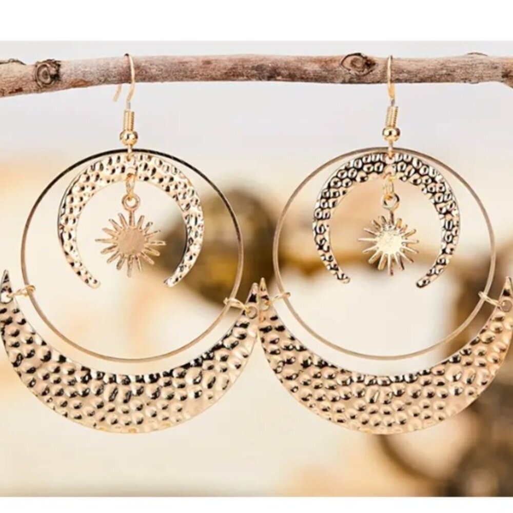 Bohemian Sun & Moon Openwork Drop Earrings - Golden -Tone Metal Detailing